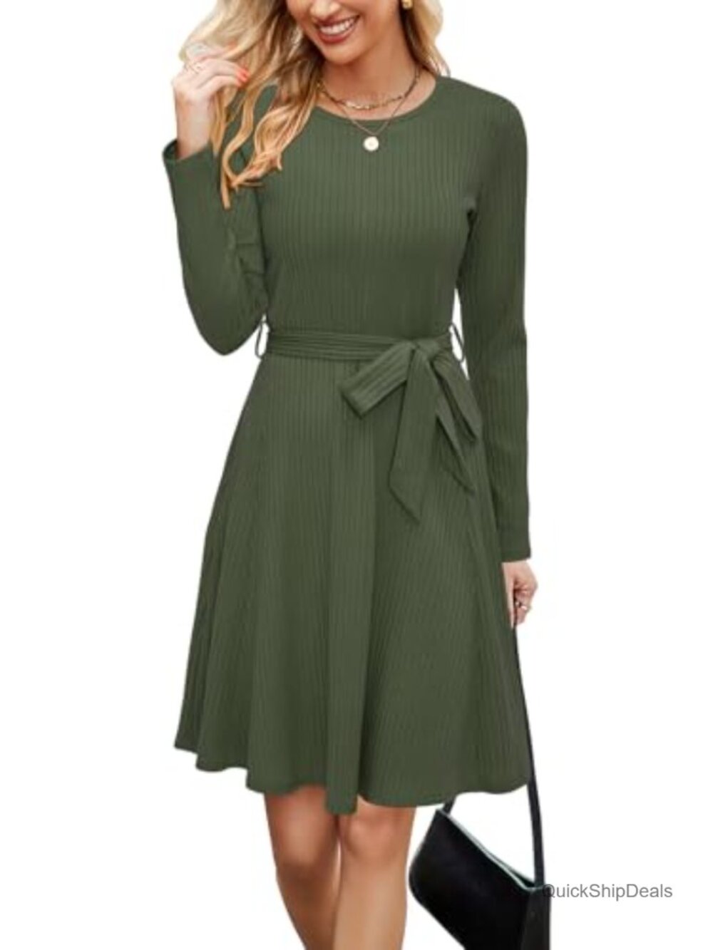 Women's Sweater Dress Long Sleeve Ribbed Knit Above Knee Crew Neck Flowy Skater